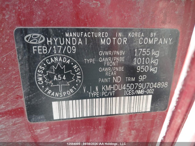 12584005 :رقم المزاد ، KMHDU45D79U704898 vin ، 2009 Hyundai Elantra Gl/l مزاد بيع