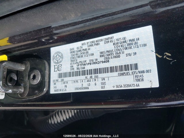12589326 :رقم المزاد ، 1FTFW1P81RKD79408 vin ، 2024 Ford F-150 Police Responder Xl مزاد بيع