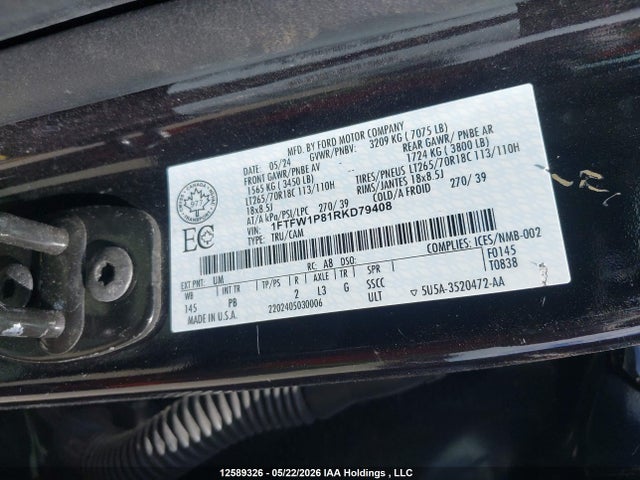 12589326 :رقم المزاد ، 1FTFW1P81RKD79408 vin ، 2024 Ford F-150 Police Responder Xl مزاد بيع