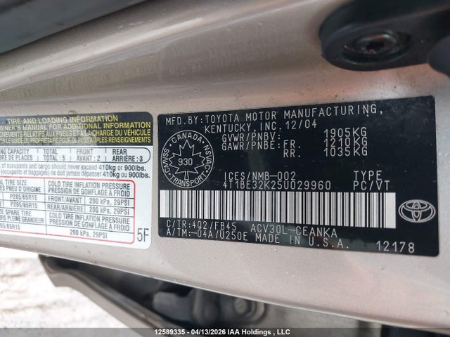 2005 Toyota Camry Le/se/std/xle მანქანა იყიდება აუქციონზე, vin: 4T1BE32K25U029960, აუქციონის ნომერი: 12589335