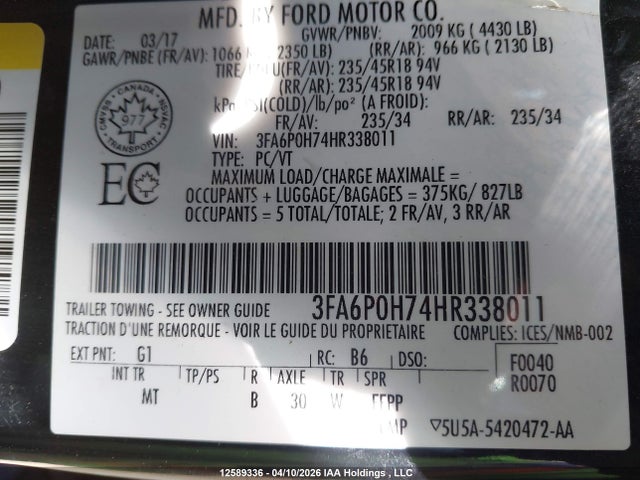 3FA6P0H74HR338011 Ford FUSION SE