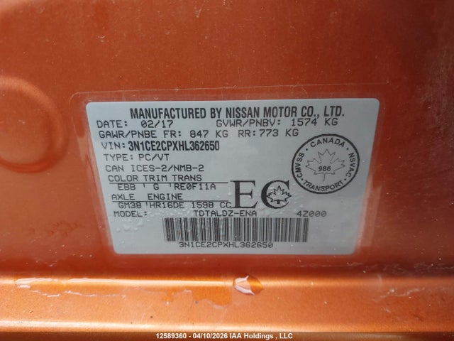 Aukcja sprzedaży 2017 Nissan Versa Note 1.6 S/1.6 Sl/1.6 Sr/1.6 Sv, vin: 3N1CE2CPXHL362650, numer aukcji: 12589360