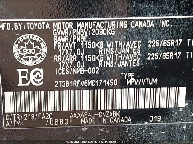 2021 Toyota Rav4 Le მანქანა იყიდება აუქციონზე, vin: 2T3B1RFV6MC171450, აუქციონის ნომერი: 12589364