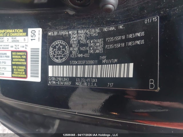 12589365 :رقم المزاد ، 5TDDK3DC6FS099611 vin ، 2015 Toyota Sienna مزاد بيع