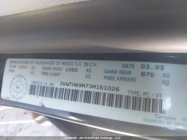 Aukcja sprzedaży 2003 Volkswagen Jetta Glx, vin: 3VWTH69M73M151026, numer aukcji: 12589368