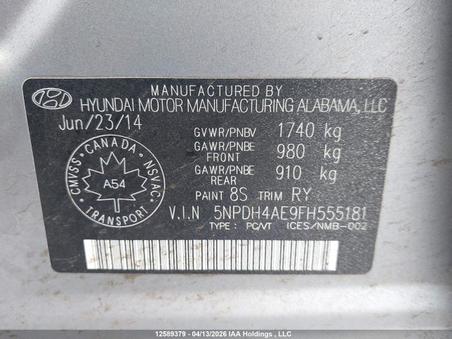 Aukcja sprzedaży 2015 Hyundai Elantra Gl, vin: 5NPDH4AE9FH555181, numer aukcji: 12589379