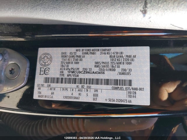 1FMCU9CZ9NUA43456 Ford ESCAPE SEL