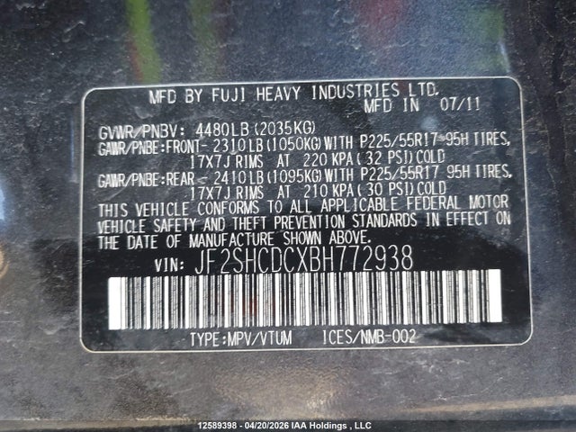 12589398 :رقم المزاد ، JF2SHCDCXBH772938 vin ، 2011 Subaru Forester 2.5x Premium مزاد بيع