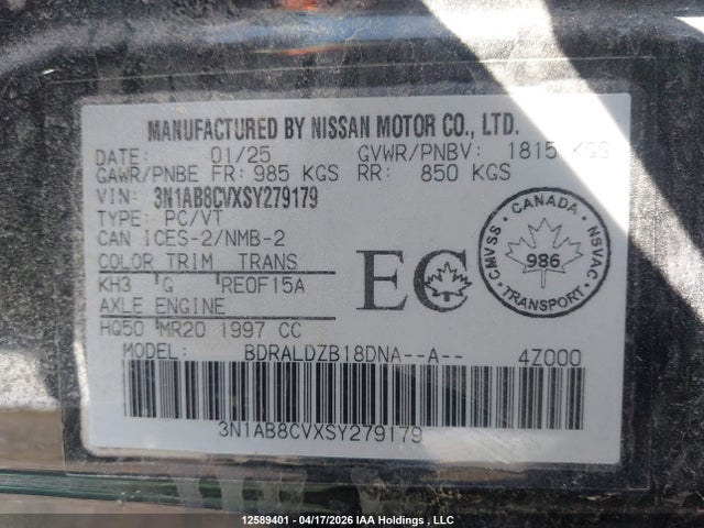 3N1AB8CVXSY279179 Nissan SENTRA SV