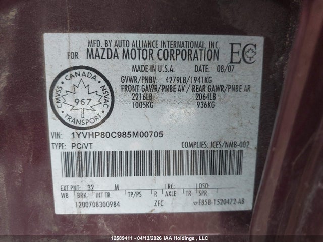 Aukcja sprzedaży 2008 Mazda 6 I, vin: 1YVHP80C985M00705, numer aukcji: 12589411