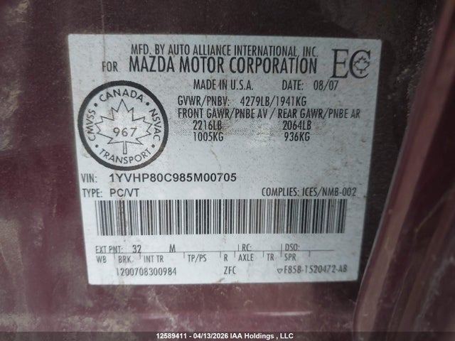 Aukcja sprzedaży 2008 Mazda 6 I, vin: 1YVHP80C985M00705, numer aukcji: 12589411