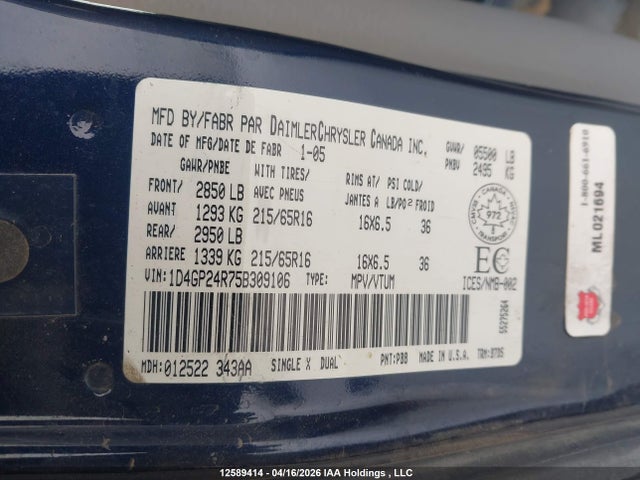 Aukcja sprzedaży 2005 Dodge Grand Caravan, vin: 1D4GP24R75B309106, numer aukcji: 12589414