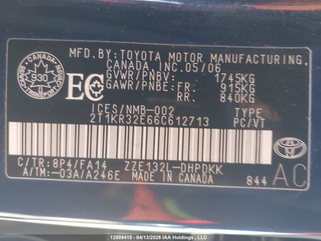12589415 :رقم المزاد ، 2T1KR32E66C612713 vin ، 2006 Toyota Corolla Matrix Xr مزاد بيع