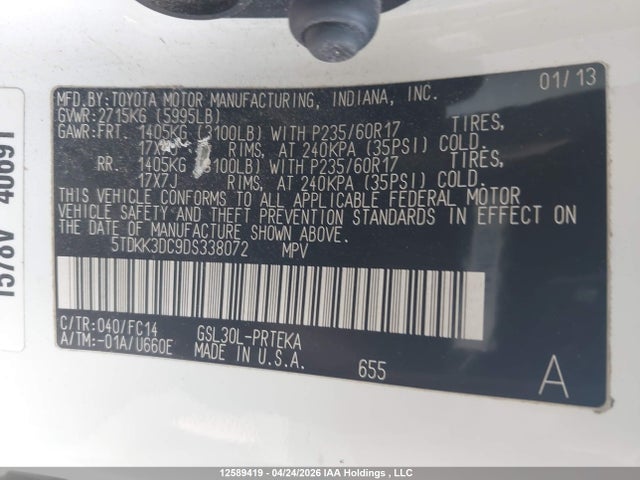 2013 Toyota Sienna Le მანქანა იყიდება აუქციონზე, vin: 5TDKK3DC9DS338072, აუქციონის ნომერი: 12589419