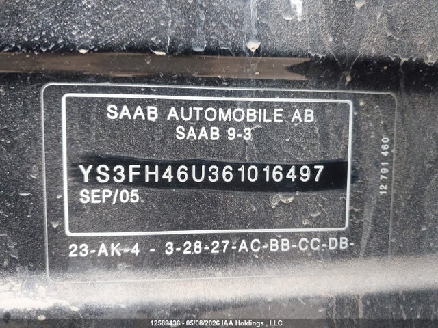 12589436 :رقم المزاد ، YS3FH46U361016497 vin ، 2006 Saab 9-3 مزاد بيع