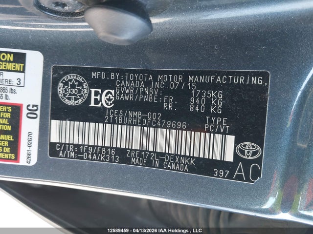 12589459 :رقم المزاد ، 2T1BURHE0FC479696 vin ، 2015 Toyota Corolla Le مزاد بيع