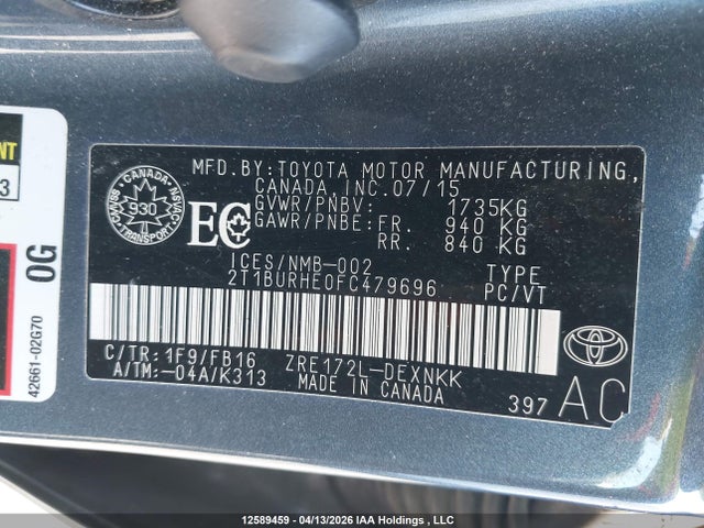 12589459 :رقم المزاد ، 2T1BURHE0FC479696 vin ، 2015 Toyota Corolla Le مزاد بيع