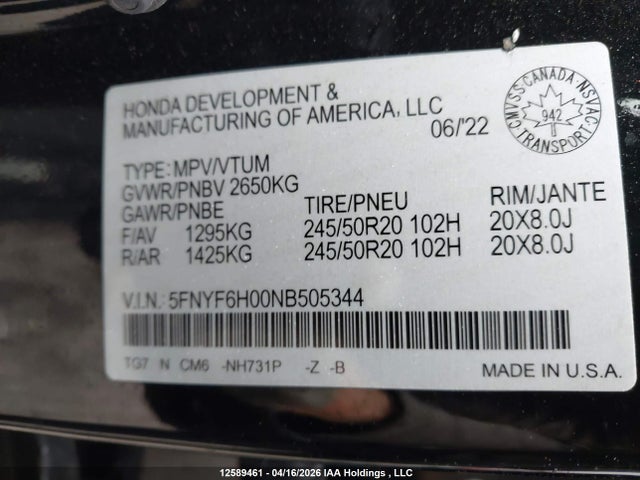 Aukcja sprzedaży 2022 Honda Pilot, vin: 5FNYF6H00NB505344, numer aukcji: 12589461