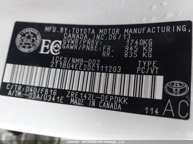 12589465 :رقم المزاد ، 2T1BU4EE2DC111203 vin ، 2013 Toyota Corolla مزاد بيع