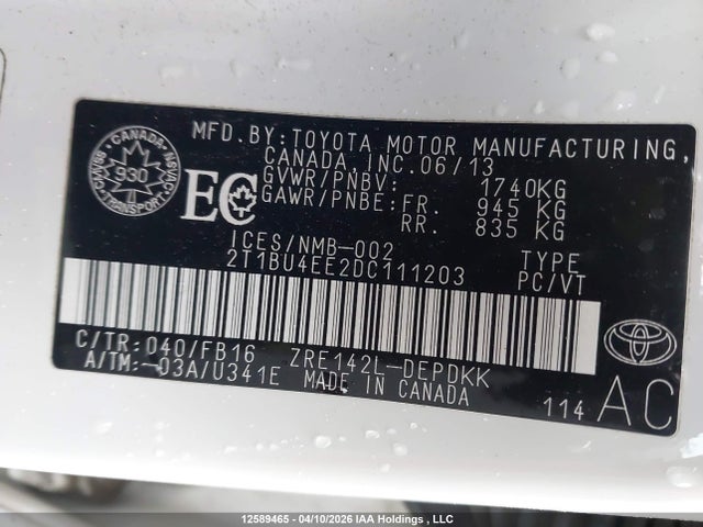 12589465 :رقم المزاد ، 2T1BU4EE2DC111203 vin ، 2013 Toyota Corolla مزاد بيع