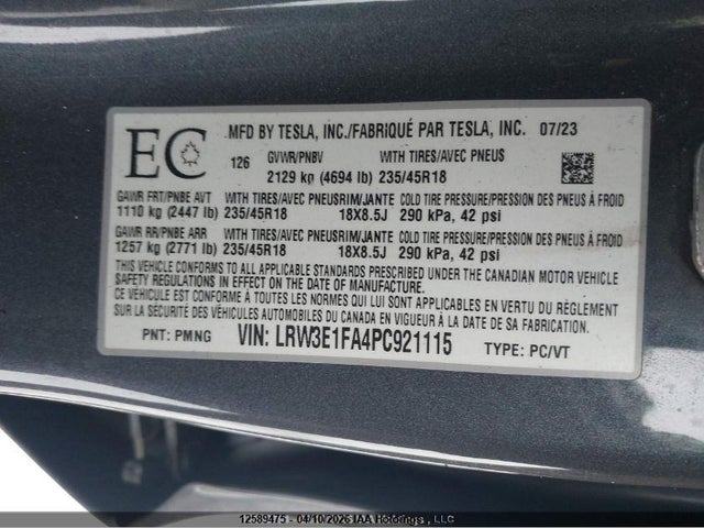 Продаж на аукціоні авто 2023 Tesla Model 3 Rwd, vin: LRW3E1FA4PC921115, номер лоту: 12589475