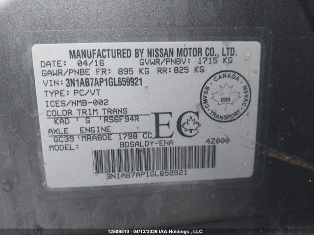 12589510 :رقم المزاد ، 3N1AB7AP1GL659921 vin ، 2016 Nissan Sentra S/sv/sr/sl مزاد بيع