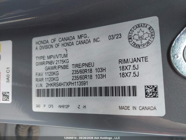 Продаж на аукціоні авто 2023 Honda Cr-v Ex-l, vin: 2HKRS4H7XPH113591, номер лоту: 12589514