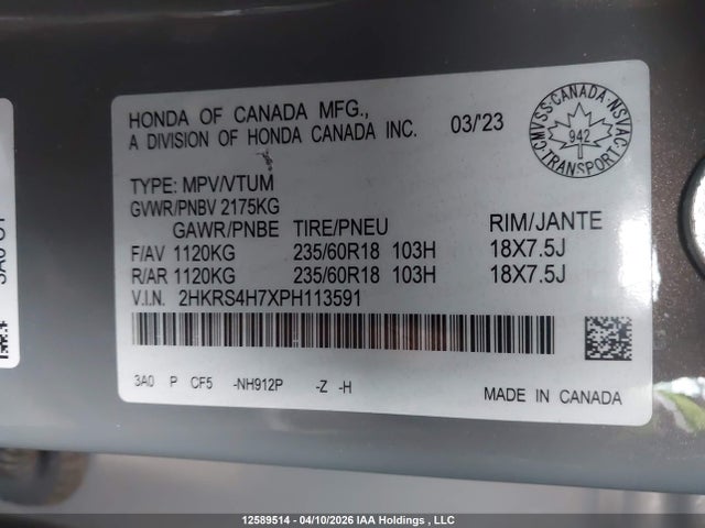 Продаж на аукціоні авто 2023 Honda Cr-v Ex-l, vin: 2HKRS4H7XPH113591, номер лоту: 12589514