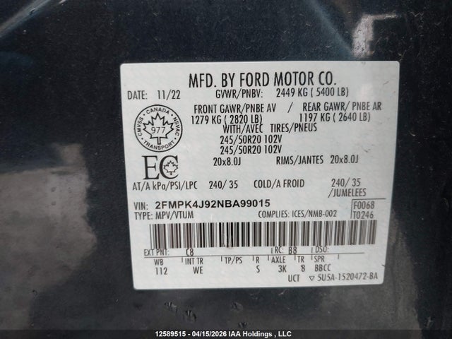 Aukcja sprzedaży 2022 Ford Edge Sel, vin: 2FMPK4J92NBA99015, numer aukcji: 12589515
