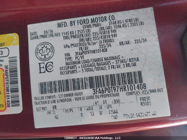 Продажа на аукционе авто 2017 Ford Fusion Se, vin: 3FA6P0T97HR101408, номер лота: 12589517