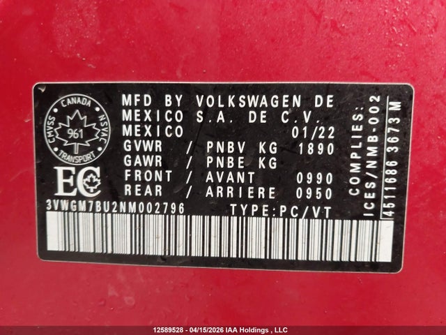 3VWGM7BU2NM002796 Volkswagen Jetta Highline