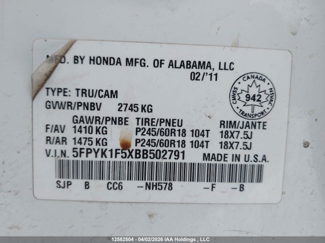 Продаж на аукціоні авто 2011 Honda Ridgeline Ex-l/vp, vin: 5FPYK1F5XBB502791, номер лоту: 12582504