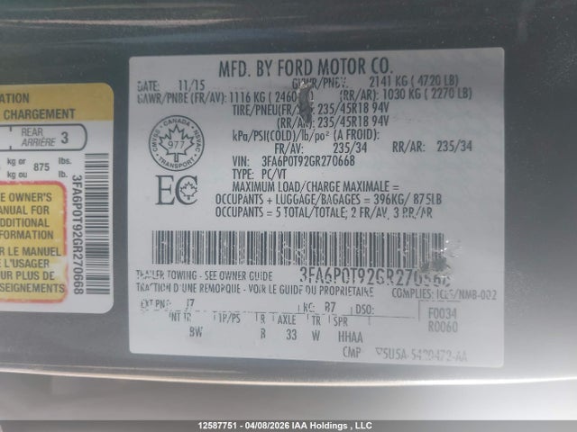3FA6P0T92GR270668 Ford FUSION SE