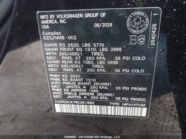 Aukcja sprzedaży 2024 Volkswagen Atlas Cross Sport 2.0 Tsi Execline, vin: 1V2FE2CA7RC251992, numer aukcji: 12589567