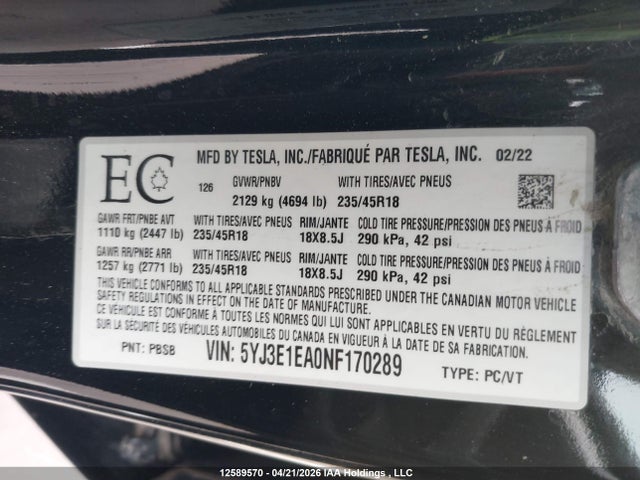 Продаж на аукціоні авто 2022 Tesla Model 3, vin: 5YJ3E1EA0NF170289, номер лоту: 12589570