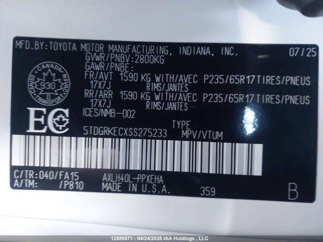 12589571 :رقم المزاد ، 5TDGRKECXSS275233 vin ، 2025 Toyota Sienna Le 8-passenger مزاد بيع