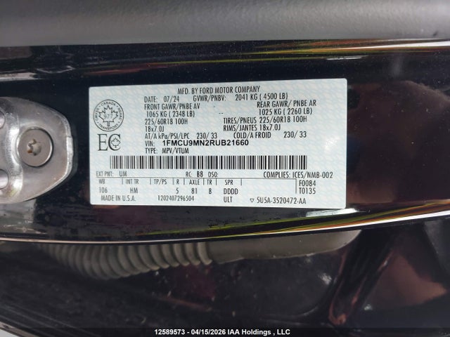 2024 Ford Escape მანქანა იყიდება აუქციონზე, vin: 1FMCU9MN2RUB21660, აუქციონის ნომერი: 12589573