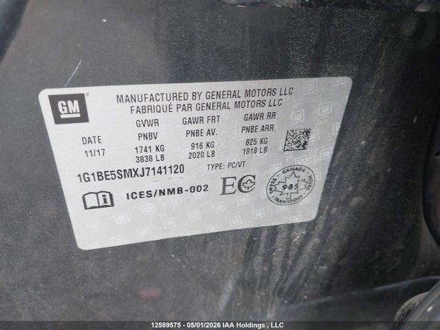 2018 Chevrolet Cruze Lt მანქანა იყიდება აუქციონზე, vin: 1G1BE5SMXJ7141120, აუქციონის ნომერი: 12589575