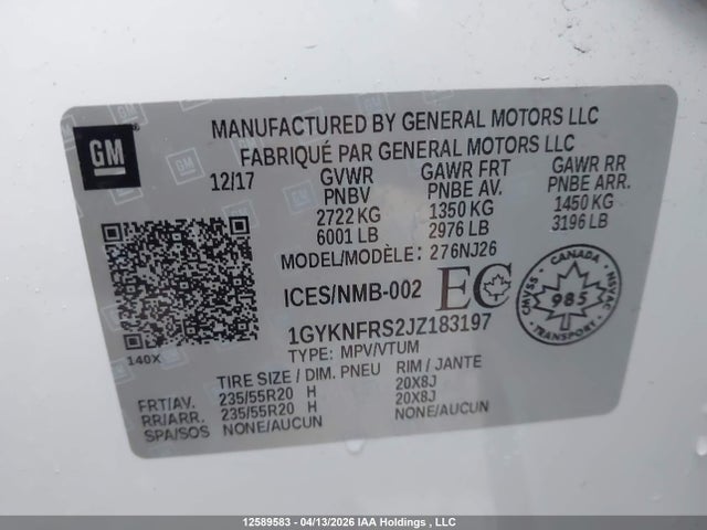 1GYKNFRS2JZ183197 Cadillac Xt5 Premium Luxury