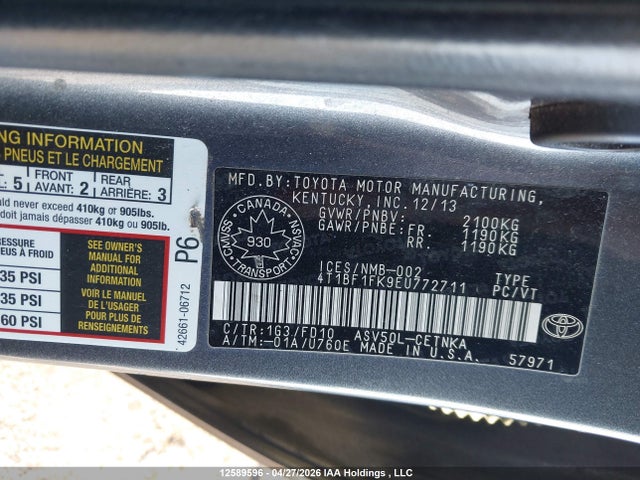 2014 Toyota Camry L/se/le/xle მანქანა იყიდება აუქციონზე, vin: 4T1BF1FK9EU772711, აუქციონის ნომერი: 12589596