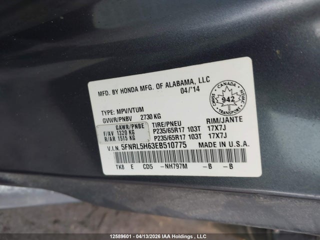 Aukcja sprzedaży 2014 Honda Odyssey, vin: 5FNRL5H63EB510775, numer aukcji: 12589601