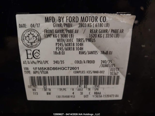 1FM5K8D86HGC72601 Ford EXPLORER XLT