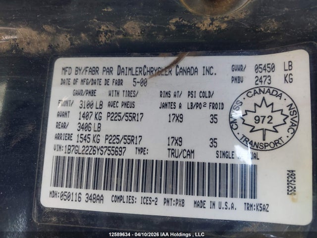 2000 Dodge Dakota მანქანა იყიდება აუქციონზე, vin: 1B7GL22Z6YS755697, აუქციონის ნომერი: 12589634