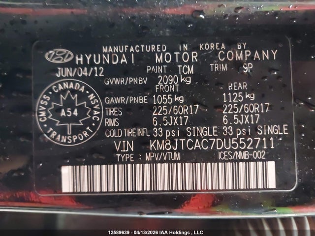 12589639 :رقم المزاد ، KM8JTCAC7DU552711 vin ، 2013 Hyundai Tucson Gl مزاد بيع
