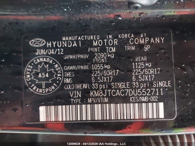 12589639 :رقم المزاد ، KM8JTCAC7DU552711 vin ، 2013 Hyundai Tucson Gl مزاد بيع