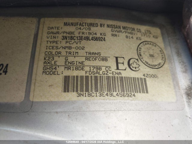 12589648 :رقم المزاد ، 3N1BC13E49L456924 vin ، 2009 Nissan Versa S/sl مزاد بيع