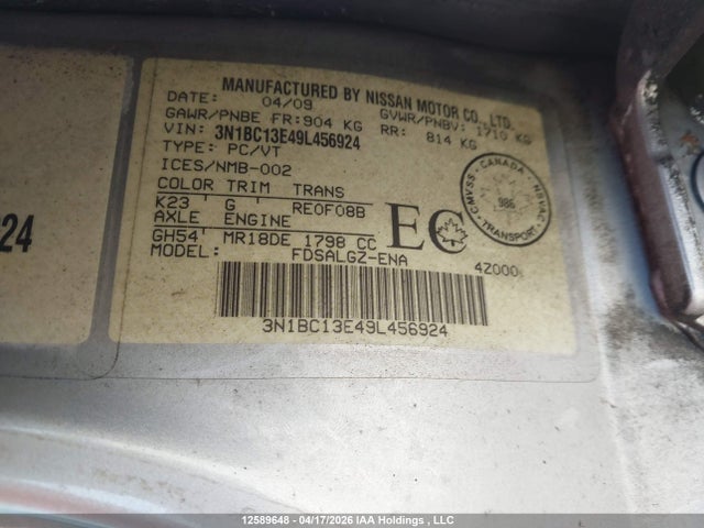 12589648 :رقم المزاد ، 3N1BC13E49L456924 vin ، 2009 Nissan Versa S/sl مزاد بيع