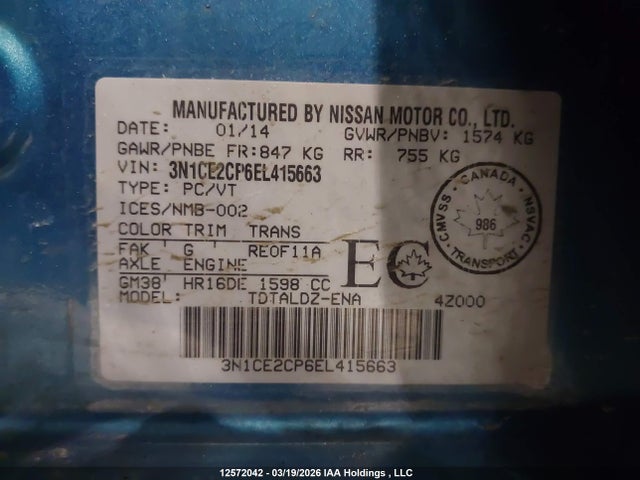 3N1CE2CP6EL415663 Nissan Versa Note 1.6 S/1.6 Sl/1.6 Sv