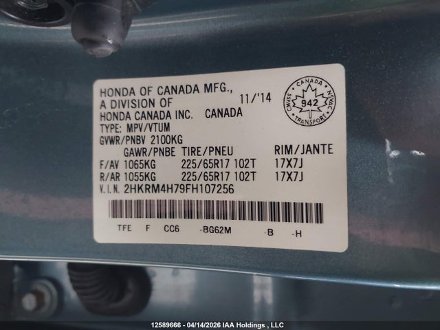 2HKRM4H79FH107256 Honda Cr-v Ex-l