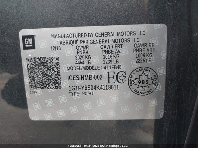 Продажа на аукционе авто 2019 Chevrolet Bolt Ev Lt, vin: 1G1FY6S04K4118611, номер лота: 12589668